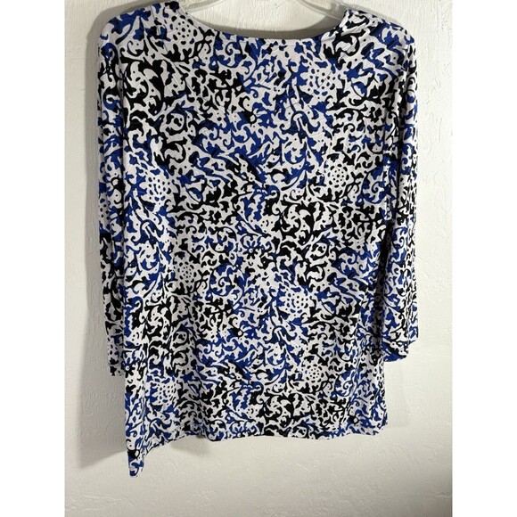 My Collections White Royal Blue Black Stretch 3/4 Sleeve Blouse Woman’s Large - Picture 8 of 8